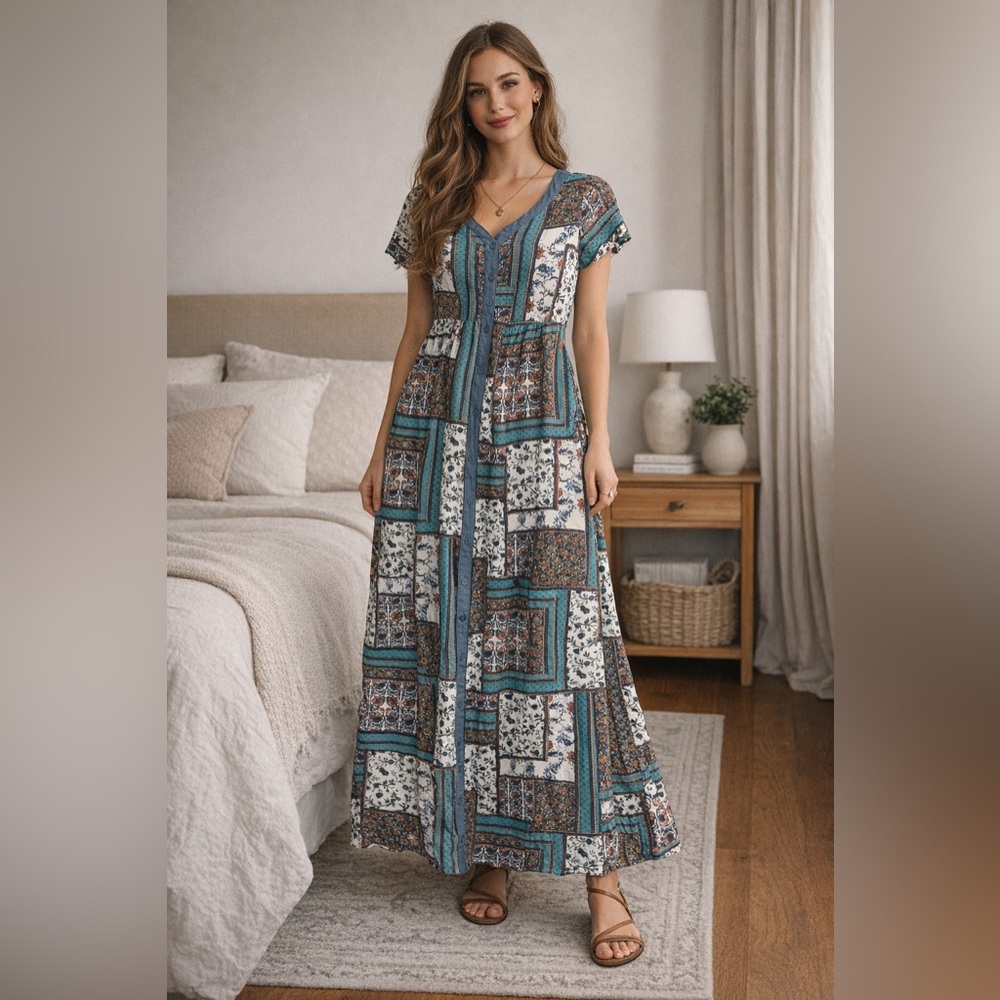 Boho Patchwork Polagram Button-Front Maxi Dress | Size S